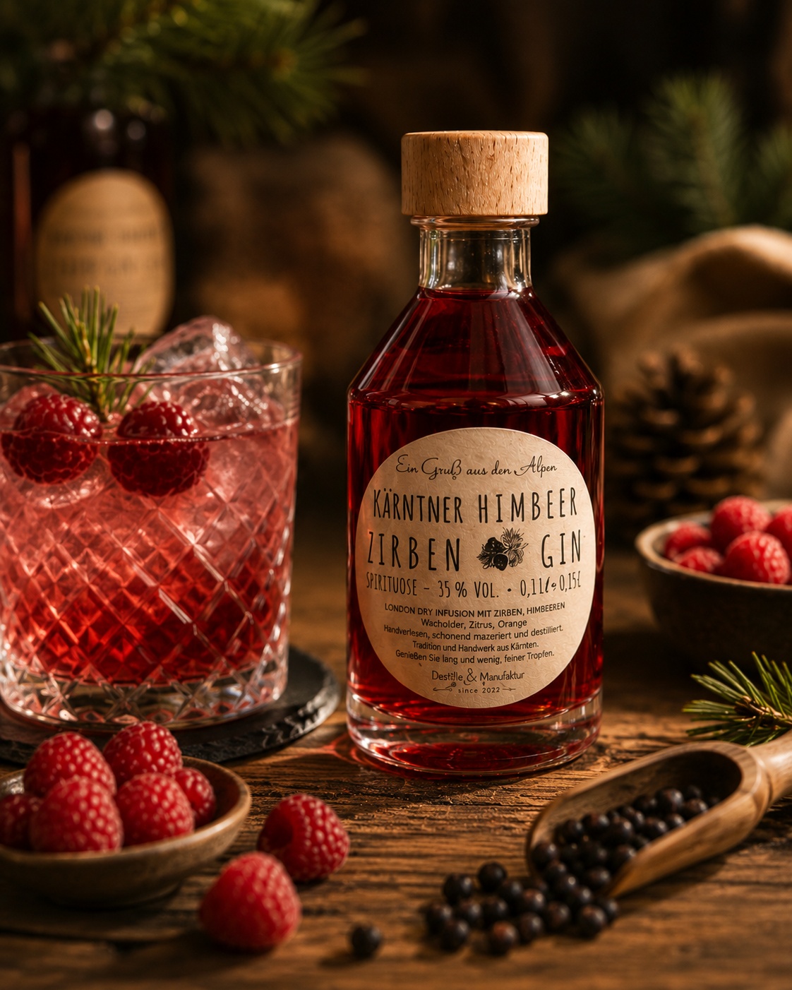 Himbeer Zirben Gin - Frucht trifft Alpenaroma
