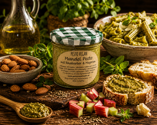 Pesto mit Mandeln, Rhabarber und Majoran