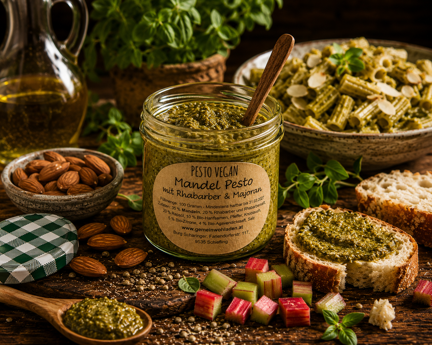 Pesto mit Mandeln, Rhabarber und Majoran